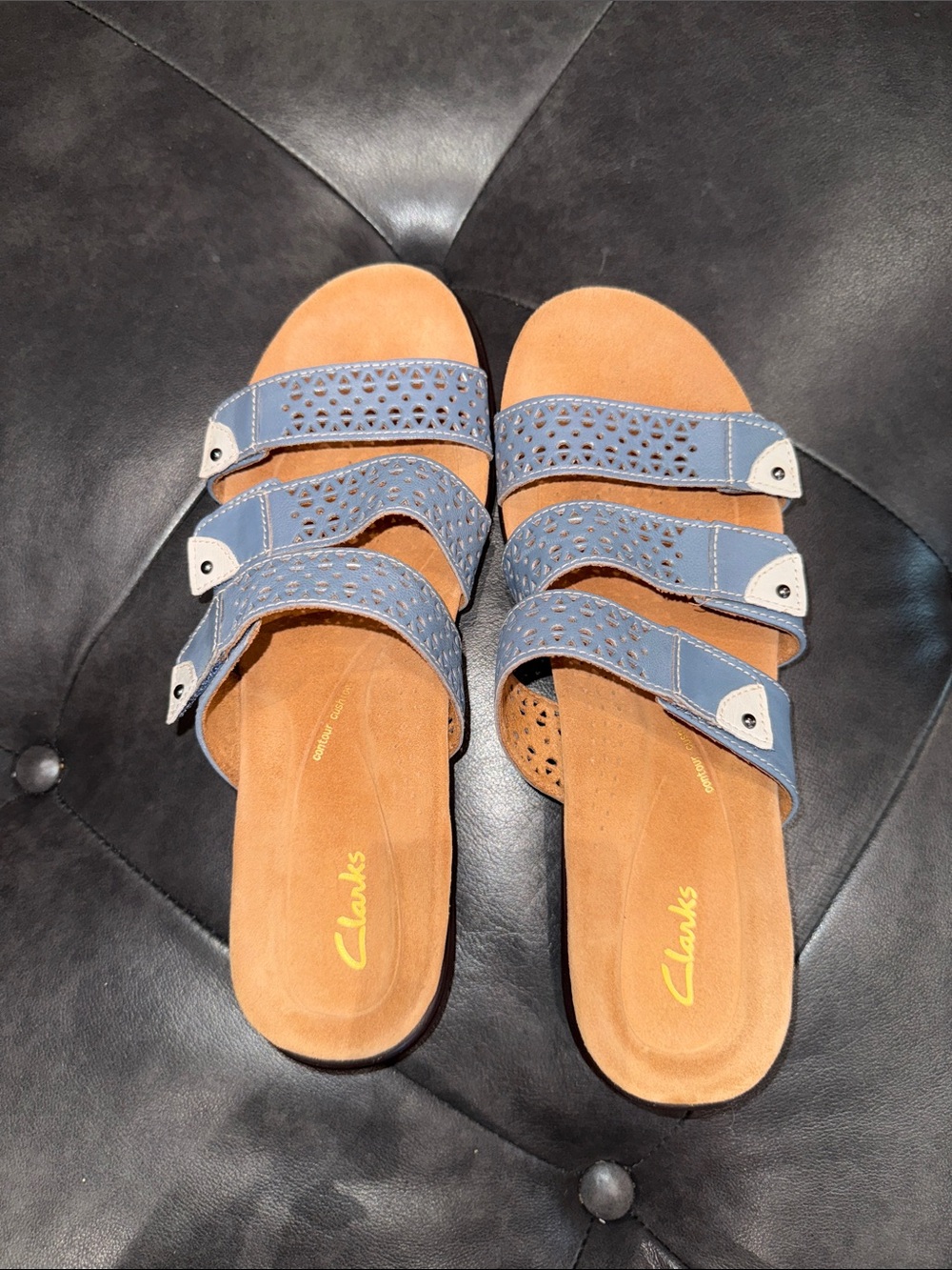 Clarks Women's Kitly Walk Light Blue Triple-Strap Laser-Cut Slide Sandals - Picture 10 of 13